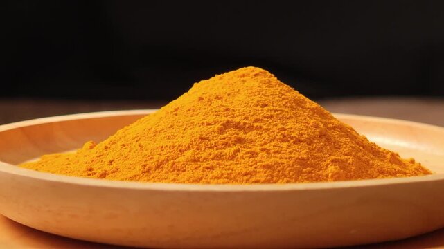 Turmeric powder in a wooden bowl.