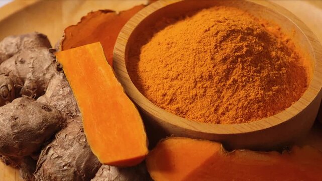 Turmeric powder in a wooden bowl.