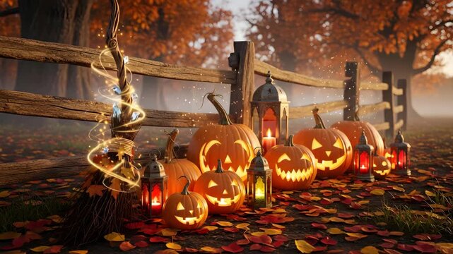 Halloween pumpkins carved jack o lanterns glowing lanterns autumn leaves rustic wooden fence Ai HD video.
