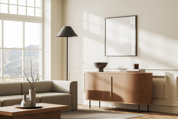 Blank poster mockup on wall in stylish living room interior with wooden sideboard, modern furniture, warm sunlight, and neutral decor. 3D Rendering © ImageFlow