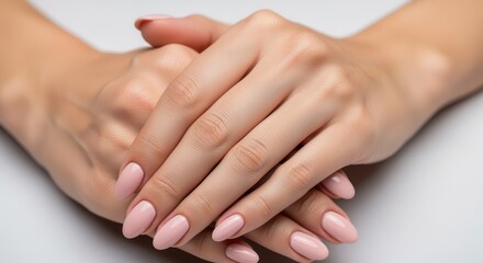 Naklejka premium Woman's hands with beautifully manicured pink nails on white background