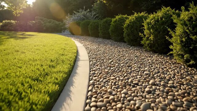 Serene garden path with stone pebbles and green grass