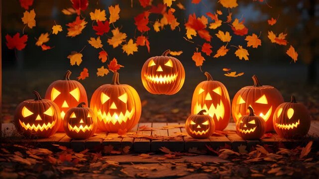 Halloween pumpkins jack o lanterns glowing carved faces autumn leaves falling dark background Ai HD video.

