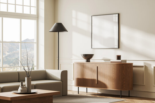 Blank poster mockup on wall in stylish living room interior with wooden sideboard, modern furniture, warm sunlight, and neutral decor. 3D Rendering