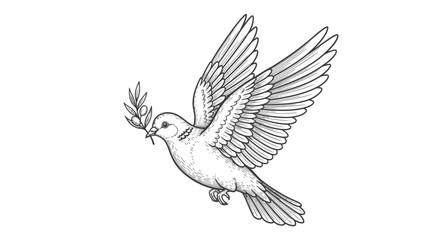 Obraz premium Detailed monochrome drawing of a dove with olive branch, symbolizing peace and serenity