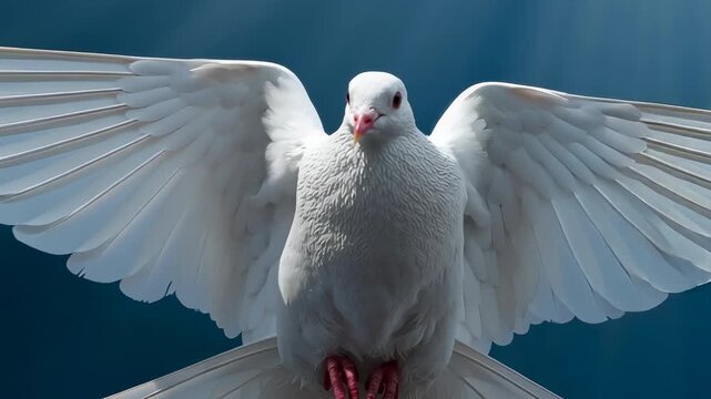 Majestic white dove bird flying spread wing blue sky light rays symbolizing peace freedom hope holy spirit faith pure religious divine grace concept