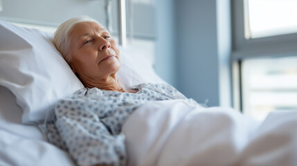 Elderly female patient resting in hospital bed during medical treatment recovery and healthcare monitoring. 