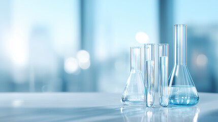 Medical laboratory glassware including test tubes and flasks made of clear glass with transparent liquid on clean clinical background with copy space. 