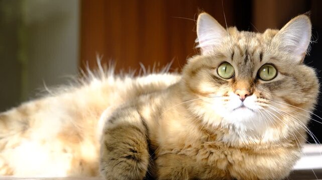 Tabby cat lay loose, lounging comfortably at the window on a sunny day. Soft morning light, easy fresh breeze, enjoying sun beam. Relaxing. funny pets. Calmness