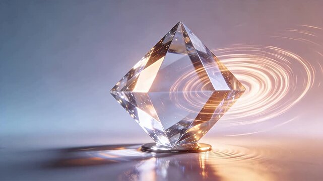 Transparent crystal diamond refracting light on golden ripples with blue gradient background