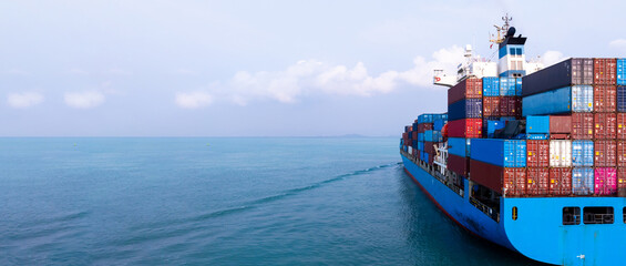 Aerial view container ship carrier container on sea, Global business logistics and Global trade transportation by container ship, Container ship freight shipping import export logistics supply chain. © Kalyakan