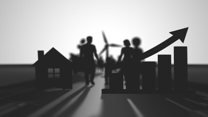 Fototapeta premium Abstract paper-cut diorama combining home, wind turbine, business ladder and growth chart with a family walking forward, symbolizing sustainability and economic progress.
