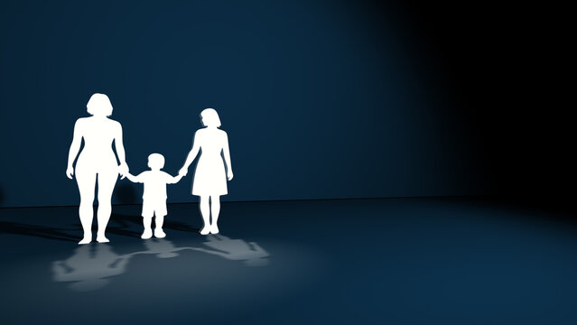 Paper cut silhouette of two mothers holding hands with a child on blue background, illustrating lesbian family, diversity, equality, inclusive parenting and relationship concept.