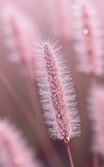Obraz premium Pink grass spike adorned with dewdrops, soft focus background.