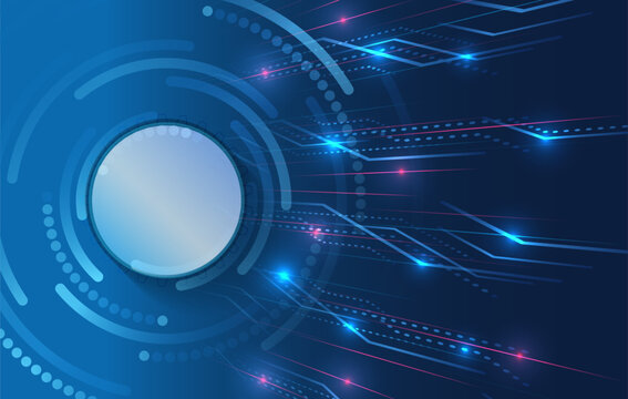 Futuristic digital background with a glowing circular interface, flowing data lines, and neon accents in blue tones, representing technology, connectivity, and high-speed information transfer.