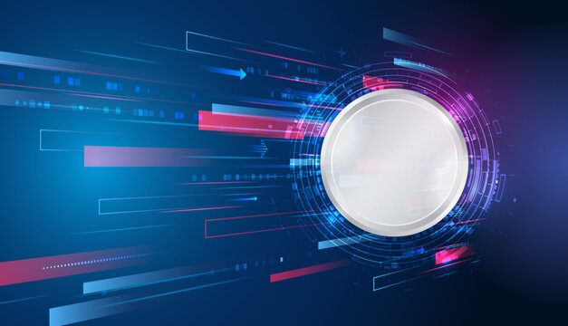 Futuristic high-tech background with a glowing circular HUD frame and dynamic neon lines, representing digital communication, data transfer, innovation, and modern technology interface.