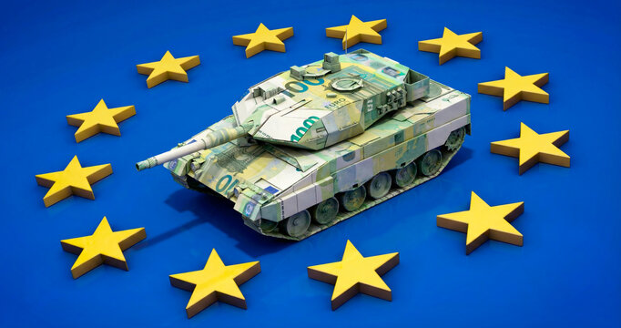 Europas Verteidigungshaushalt: Panzer aus Euro-Banknoten umringt von EU-Sternen