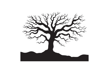 Fototapeta premium Bare deciduous tree silhouette against white background, twisted branches reaching outwards creating intricate natural pattern, symbolic representation of autumn or winter seasons, symbol of life