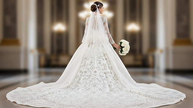 Elegant Bride in Luxury White Lace Wedding Gown with Long Cathedral Train and Veil Back View in Grand Palace Ballroom
