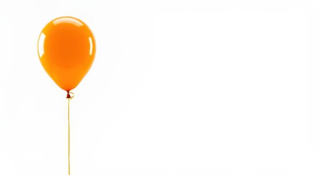 Minimalist image featuring a solitary floating vibrant orange helium balloon centered against a pure white studio background with ample blank space, orange, party, simple