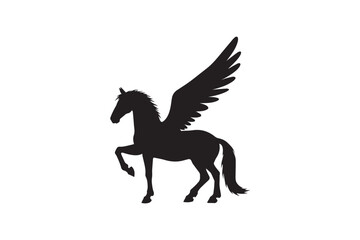 Obraz premium Rearing pegasus horse silhouette with large feathered wings showing movement and mythical grace for fantasy art or majestic wildlife branding needs