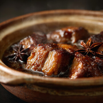 Braised pork belly stewed with star anise in brown clay pot on table with hot steam rising showing delicious and savory appetizing mood for asian chinese food dinner