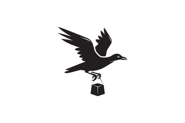 Naklejka premium Minimalist black silhouette of crow or raven flying while carrying cube shaped package in its claws isolated on white background for courier logo
