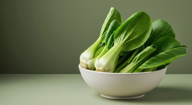 A beautiful presentation of fresh green bok choy, clean and crisp, ready for cooking, sitting in a ceramic white bowl on a pale sage surface, greens, neutral, bok choy