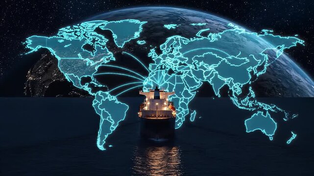 Container ship sailing through ocean with neon world map and globe in background, symbolizing global trade and logistics at night
