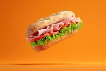 a baguette sandwich with ham, lettuce, and tomato suspended in the air against an orange background.