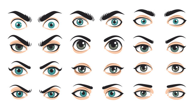 Detailed collection of diverse human eye illustrations showing various shapes, colors, expressions, and eyebrow styles for character design.