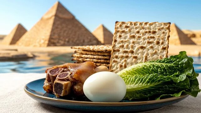 Passover seder plate with matzah celebrating jewish holiday