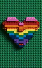 Fototapeta premium Rainbow heart made of LEGO bricks on green baseplate, colorful and playful design.