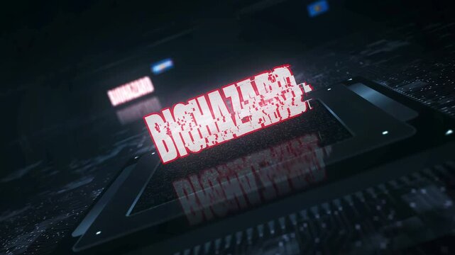 Biohazard flag on computer cpu. Virus and biological risk banner digital and cyber technology concept animation with glitch.