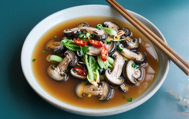 Mushroom and green vegetable stir-fry in savory broth, garnished with red chili slices.