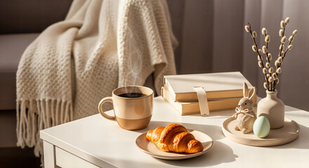 Happy easter sunday morning with coffee and croissant on cozy table