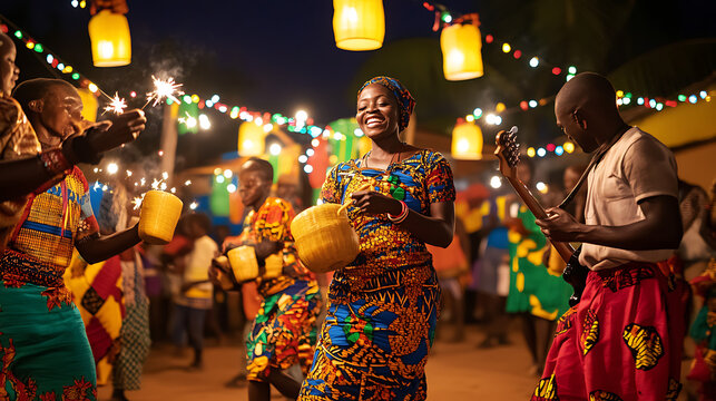 Vibrant cultural celebration at night with people dancing and holding lanterns in a festive atmosphere under twinkling string lights