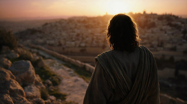 Jesus Christ looking at Jerusalem from hill, back view of messiah, ancient city sunset background, spiritual religious concept, praying over the city.