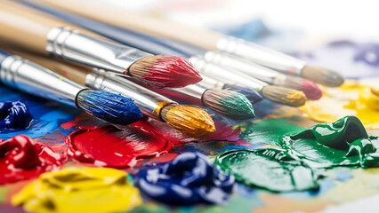 Obraz premium Closeup of colorful paintbrushes with paint on the bristles and a blurred background