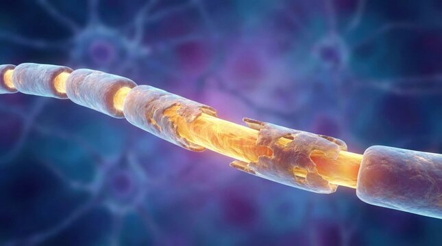 Illustration of a damaged nerve cell axon with exposed myelin sheath and glowing electrical impulses, representing neurological conditions.