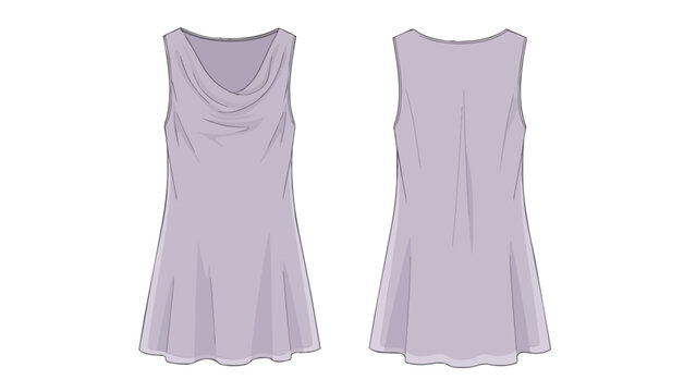 Lavender cowl neck sleeveless tunic technical flat sketch, front and back, for apparel design.