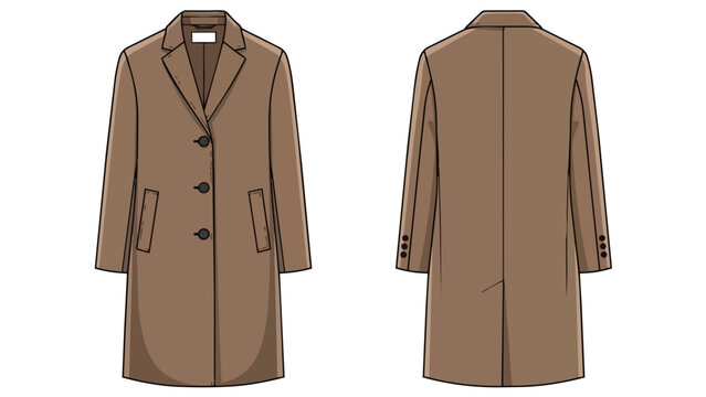 Detailed brown long coat vector illustration presenting front and back views a sophisticated fashion garment blueprint perfect for apparel design
