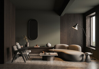 Stylish living room with curved sofa, modern chairs, floor lamp, and wooden walls in a minimalist design concept with neutral tones. 3D Rendering © ImageFlow