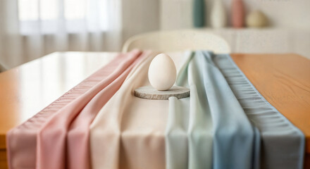 Happy easter sunday table setting with pastel colored tablecloth and decorative easter egg