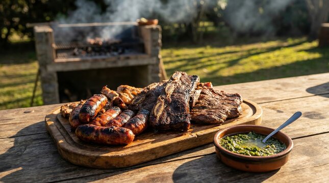 Asado with chorizo and chimichurri on wooden board near rustic parrilla outdoors