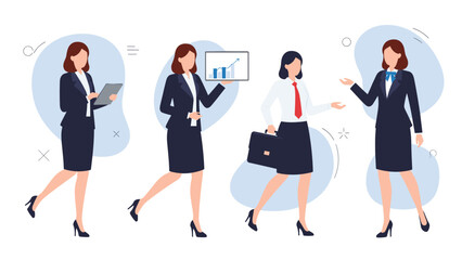 Obraz premium Set of professional businesswomen in formal suits shown in different poses like walking and presenting data charts.