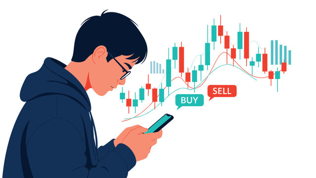 Young male investor with glasses focuses on his smartphone screen while analyzing stock market candle charts with buy and sell prompts.