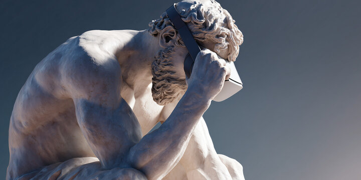 A statue wearing virtual reality glasses, a conceptual juxtaposition of the past and the future