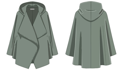 Technical flat sketch of a modern grey hooded cape design presented front and back views a versatile fashion garment illustration for apparel