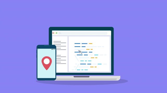 Laptop displaying programming interface with smartphone location pin icon, representing location tracking application development and digital technology workflow.
